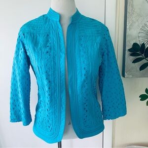 Chiko's 100% turquoise eyelet cotton open front jacket  size 1 (M)